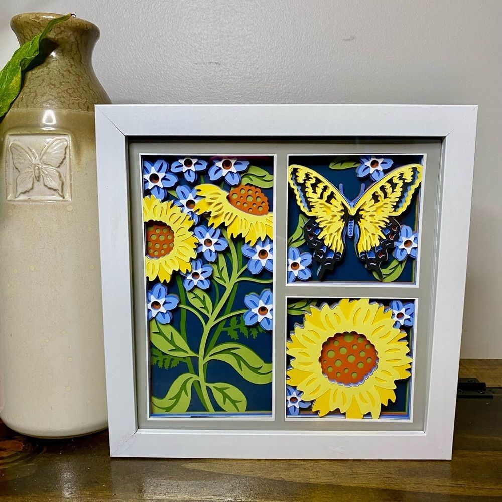 3D Sunflower Tiger Swallowtail Butterfly Trio Shadowbox